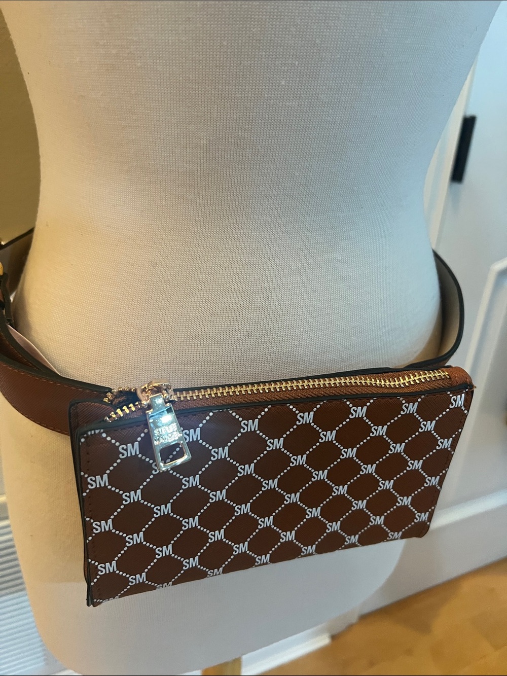 Steve Madden Brown Logo Print Belt Bag with Gold Hardware